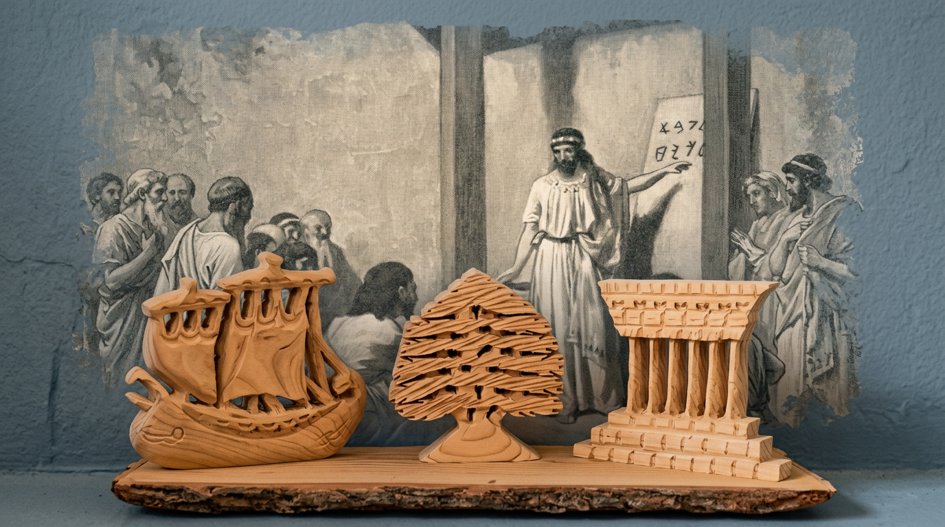Objets sculptés en bois de cèdre devant la gravure ancienne de Cadmus enseignant l'alphabet / Carved cedarwood objects before the old engraving of Cadmus teaching the alphabet