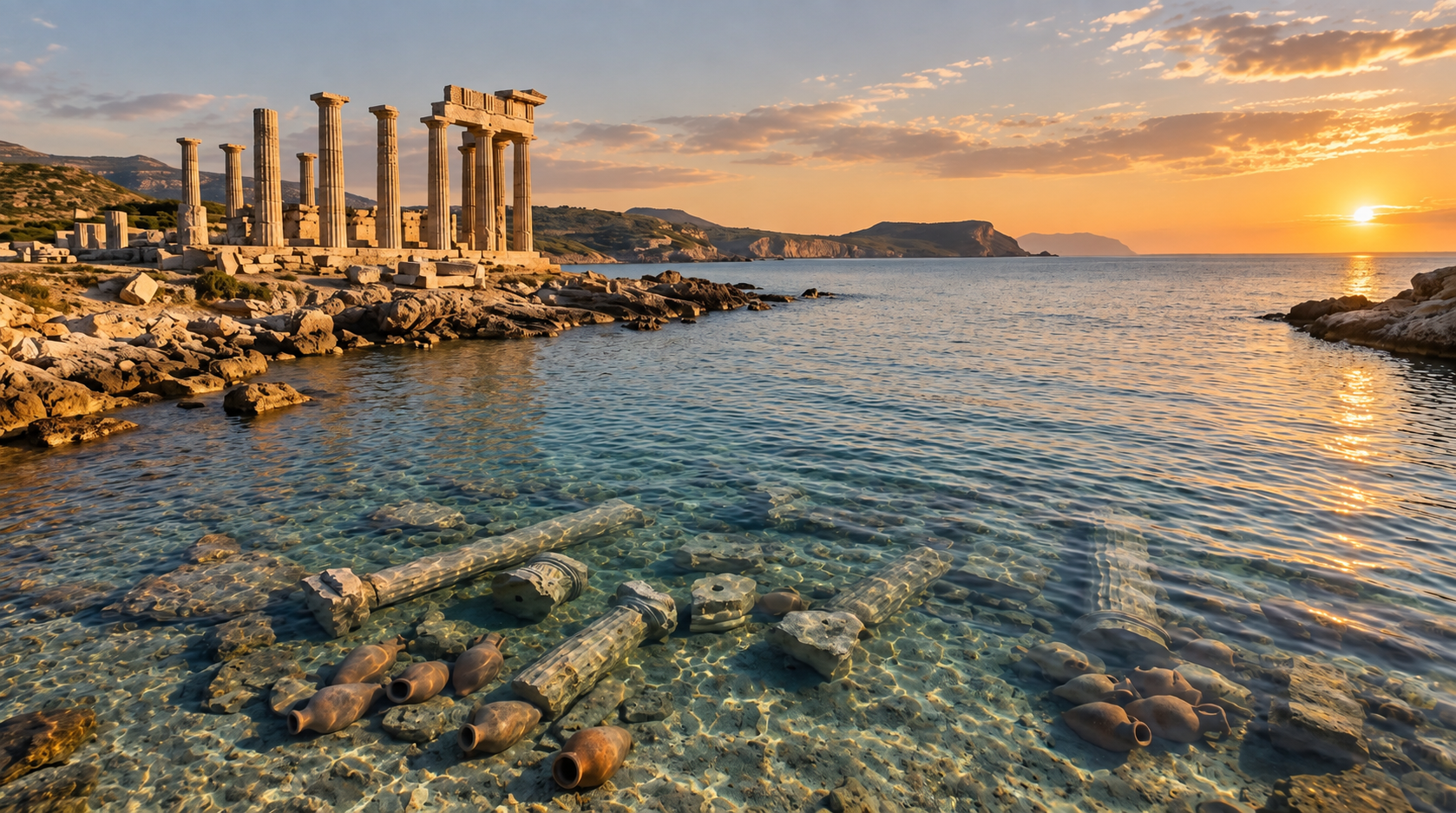 Colonnes antiques et amphores dans une crique méditerranéenne au couchant / Ancient columns and amphorae in a Mediterranean cove at sunset
